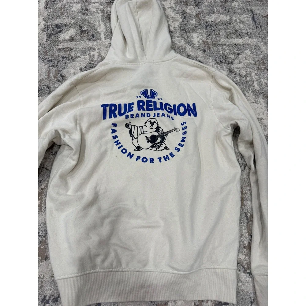True Religion Mens Zip Up Hoodie Cream Off White Horseshoe Logo XL Sweatshirt